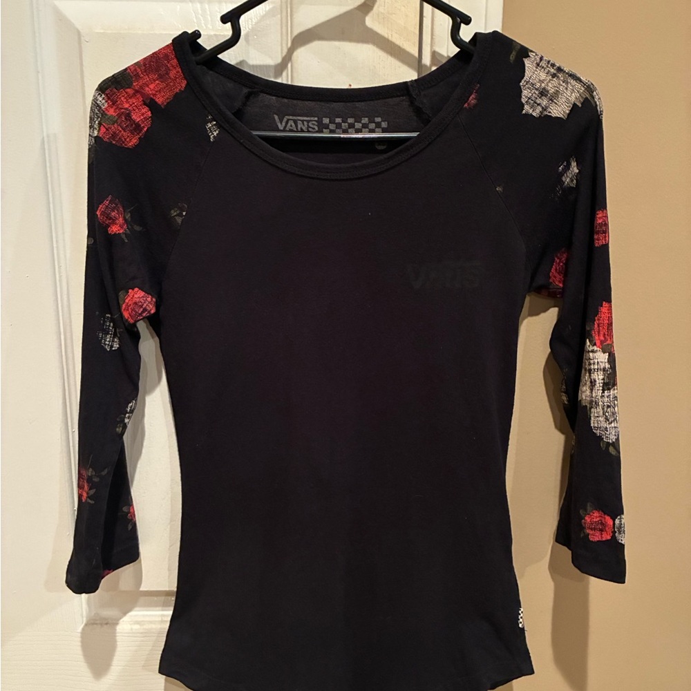 Vans Black Scoop Neck baseball tee with Red Floral Sleeves